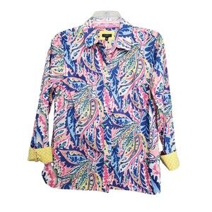 Talbots Petite Cotton Retro Paisley Flip-Cuff Button-Up Shirt Size MP